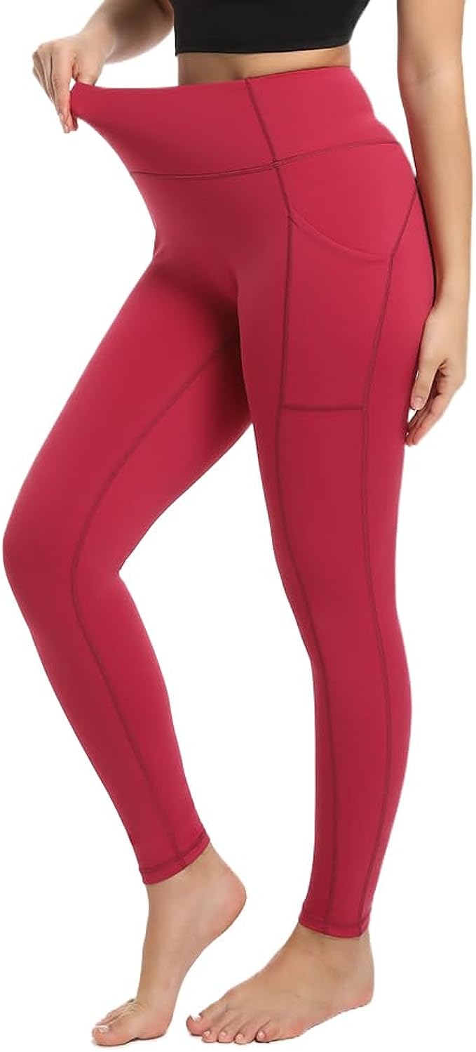 Women's Leggings with Pockets High Waist Tummy Control Yoga Pants - Red