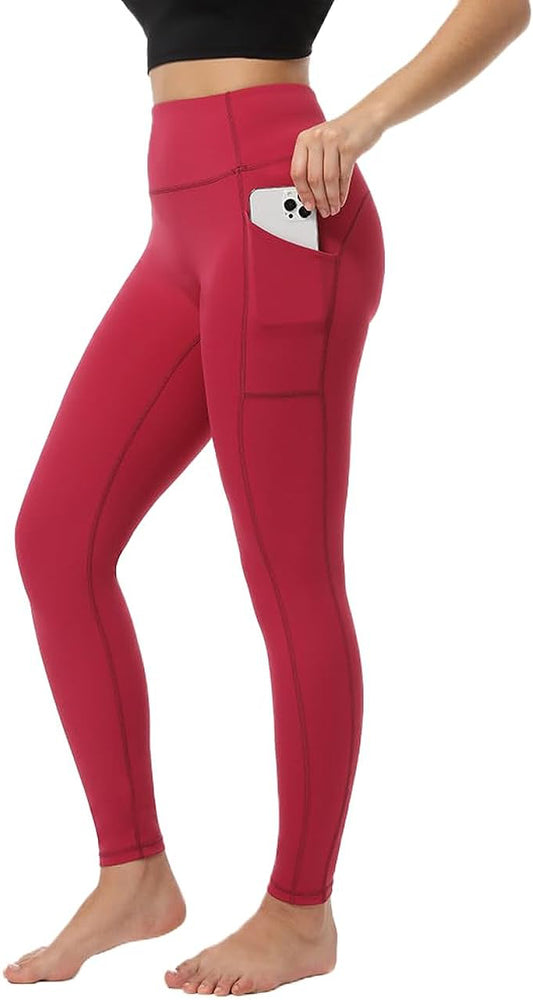 Women's Leggings with Pockets High Waist Tummy Control Yoga Pants - Red
