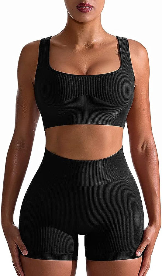 Women's 2 Piece Seamless Ribbed High Waist Short with Sports Bra Exercise Set - Black