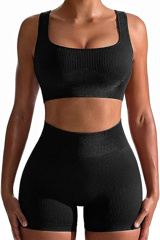 Women's 2 Piece Seamless Ribbed High Waist Short with Sports Bra Exercise Set - Black