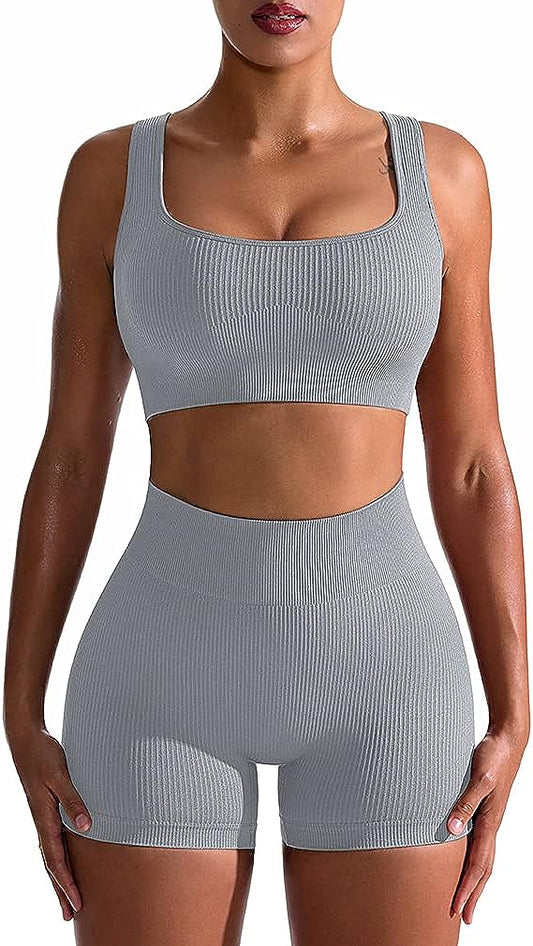 Women's 2 Piece Seamless Ribbed High Waist Short with Sports Bra Exercise Set - Grey