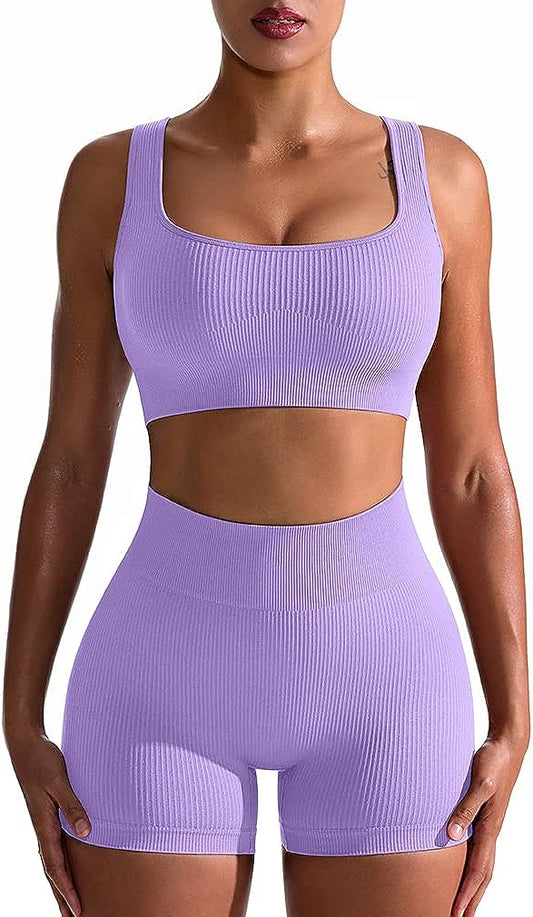 Women's 2 Piece Seamless Ribbed High Waist Short with Sports Bra Exercise Set - Purple