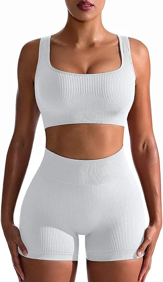 Women's 2 Piece Seamless Ribbed High Waist Short with Sports Bra Exercise Set - White
