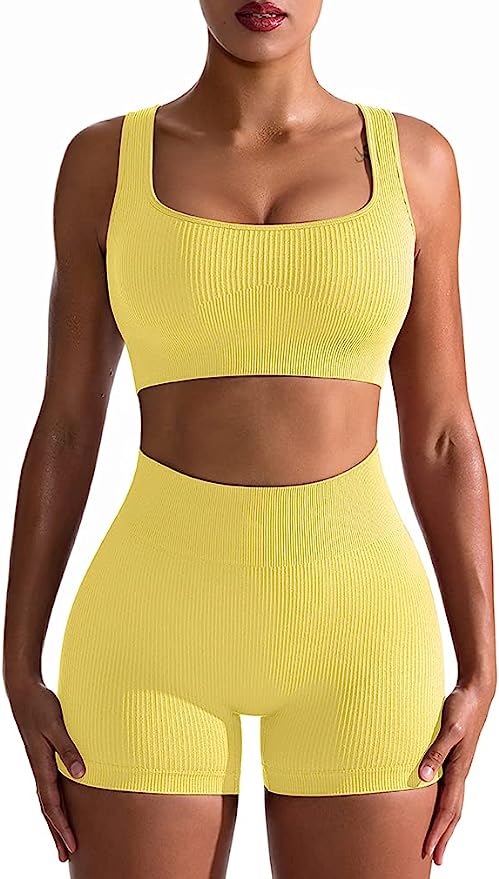 Women's 2 Piece Seamless Ribbed High Waist Short with Sports Bra Exercise Set - Yellow