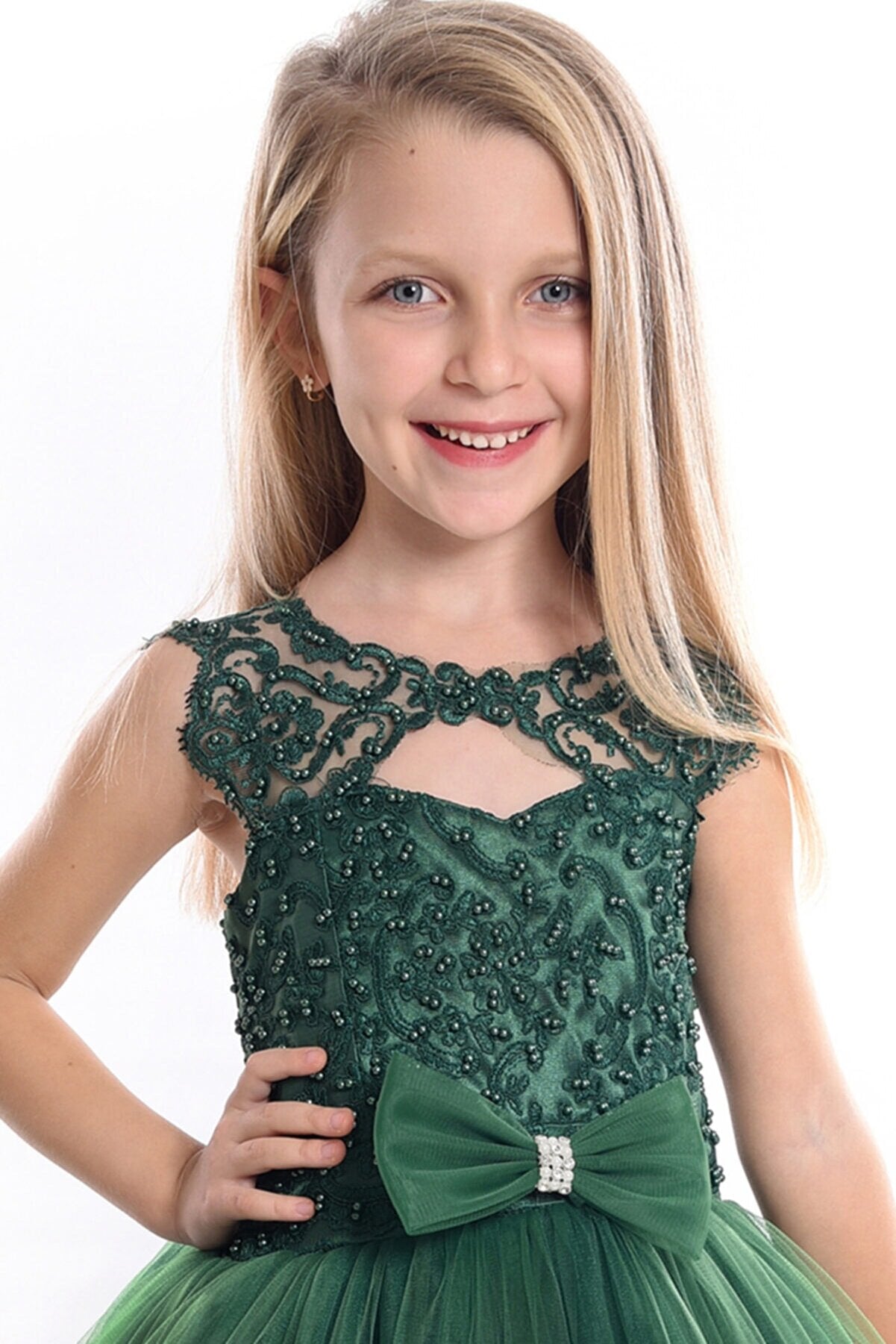 Bow and Pearl Body Guipure Party Dress For Birthday, Prom And Weddings