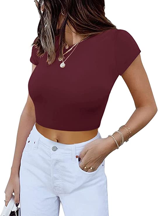 Wholesale Women's Short Sleeve High Neck Double Lined Tight T Shirts Crop Tops Tees