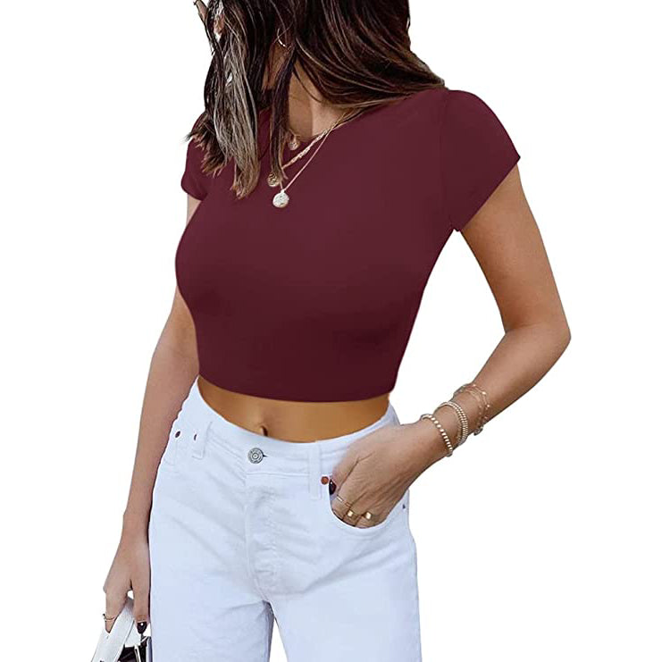 Wholesale Women's Short Sleeve High Neck Double Lined Tight T Shirts Crop Tops Tees