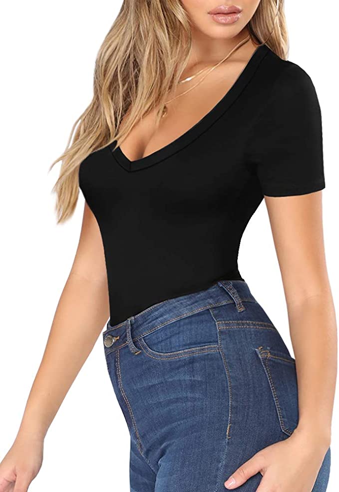 Wholesale Women's V Neck Short Sleeve Slim Fit T Shirt Tunic Tops Tee