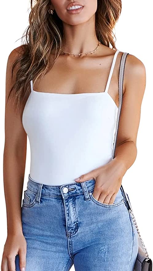 Wholesale Women's Adjustable Spaghetti Strap Square Neck Sleeveless Tank Thong Bodysuits Tops