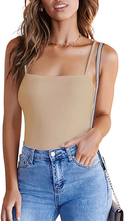 Wholesale Women's Adjustable Spaghetti Strap Square Neck Sleeveless Tank Thong Bodysuits Tops