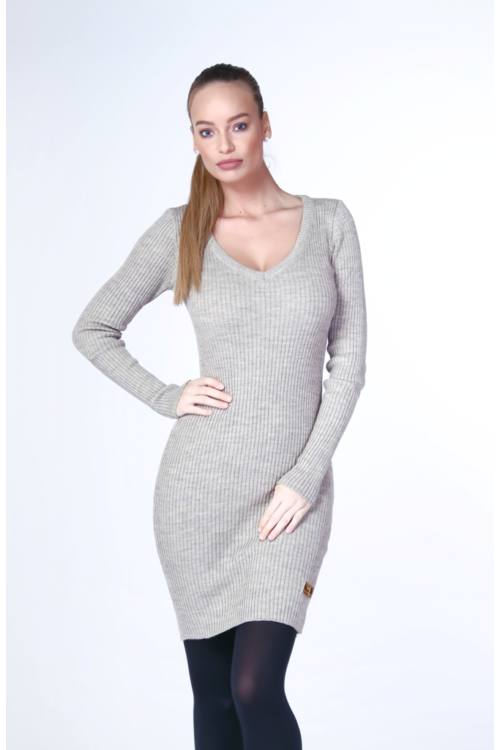 V Neck Rib Knit Mini Dress