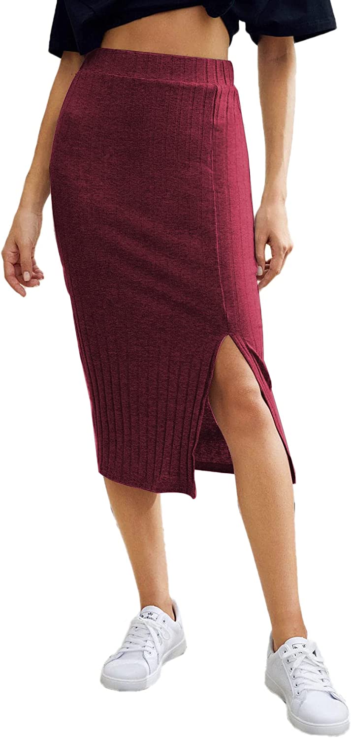Wholesale Women's Basic Plain Ribbed Knit Split Stretchy Pencil Bodycon Midi Skirt