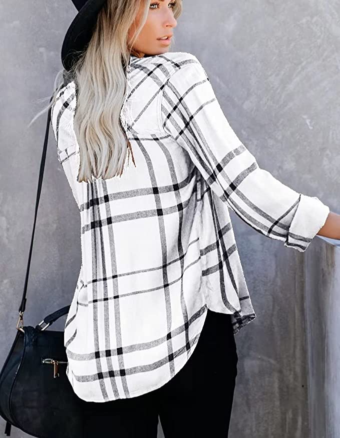 Wholesale Women's Long Sleeve V-Neck Stripes Casual Blouses Pocket Button Down Shirt Tops