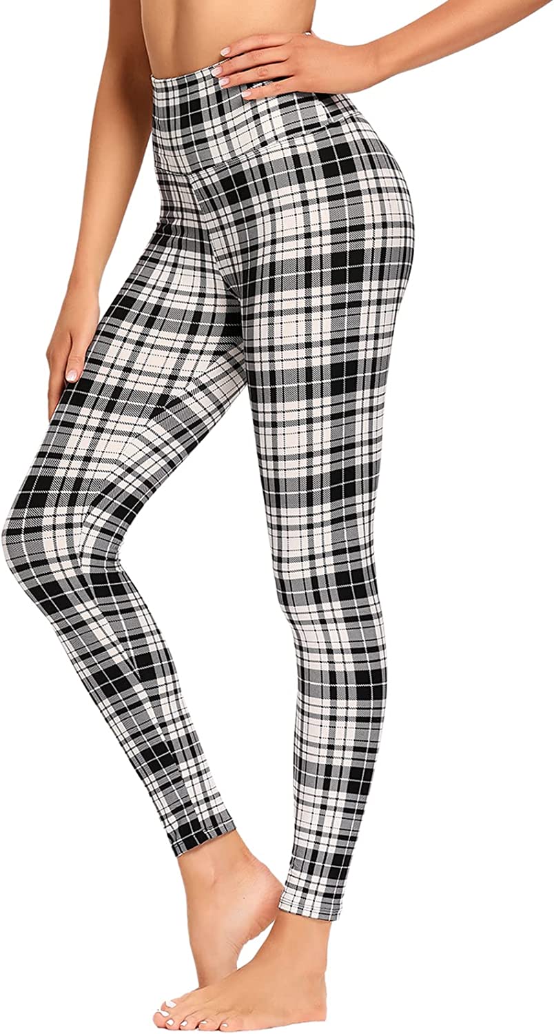 Wholesale High Waisted Black White Plaid Leggings Soft Slim Tummy Control Printed Pants