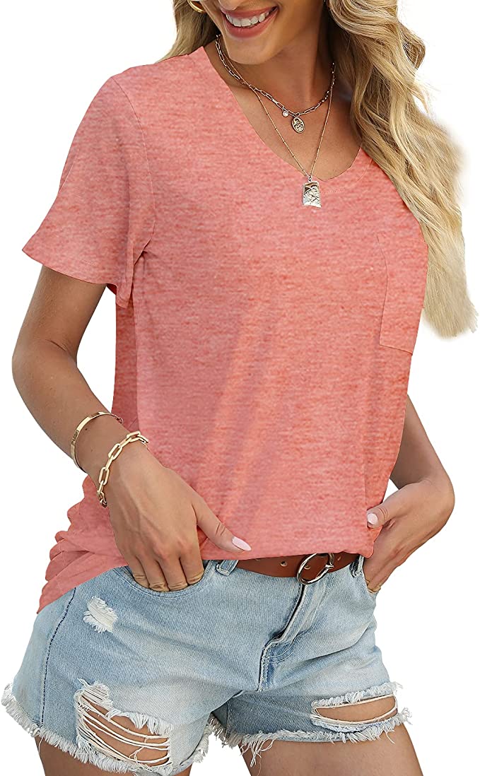 Wholesale Women's Flowy Tshirt Rounded U Neck Summer T Shirt Short Sleeve Pocket Loose Top