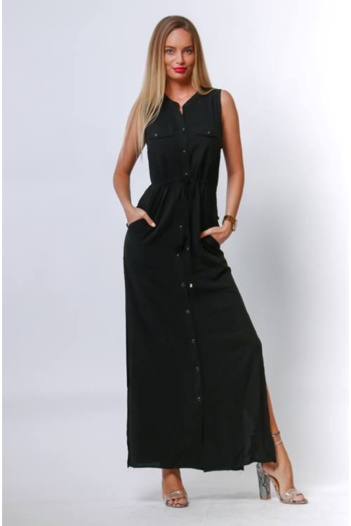 Drawstring Waist Maxi Shirt Dress