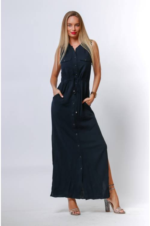 Drawstring Waist Maxi Shirt Dress
