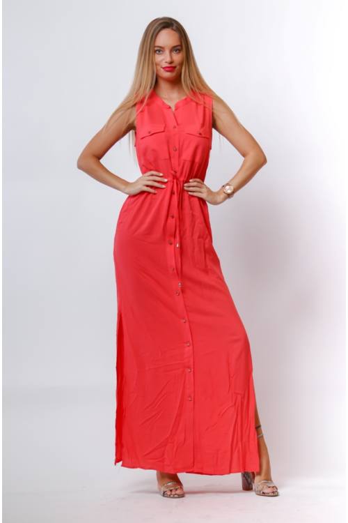 Drawstring Waist Maxi Shirt Dress