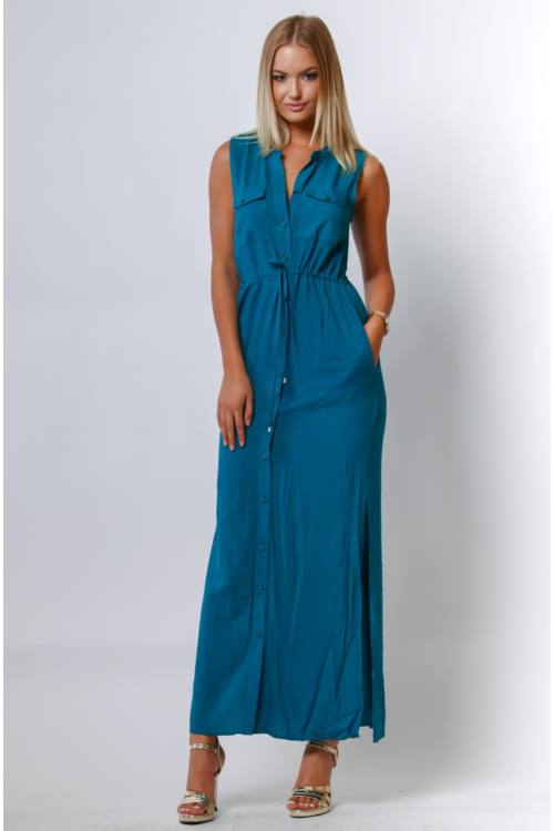 Drawstring Waist Maxi Shirt Dress