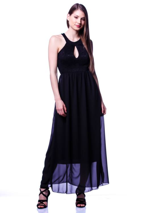 Lace Panel Keyhole Maxi Dress Black / One Size Fits All Lace Panel Keyhole Maxi Dress Black / One Size Fits All
