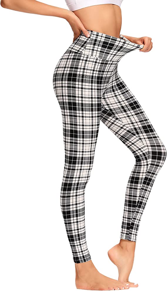 Wholesale High Waisted Black White Plaid Leggings Soft Slim Tummy Control Printed Pants