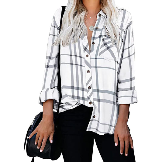 Wholesale Women's Long Sleeve V-Neck Stripes Casual Blouses Pocket Button Down Shirt Tops