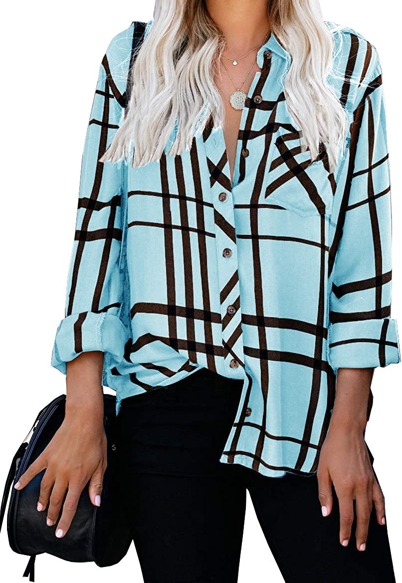 Wholesale Women's Long Sleeve V-Neck Stripes Casual Blouses Pocket Button Down Shirt Tops