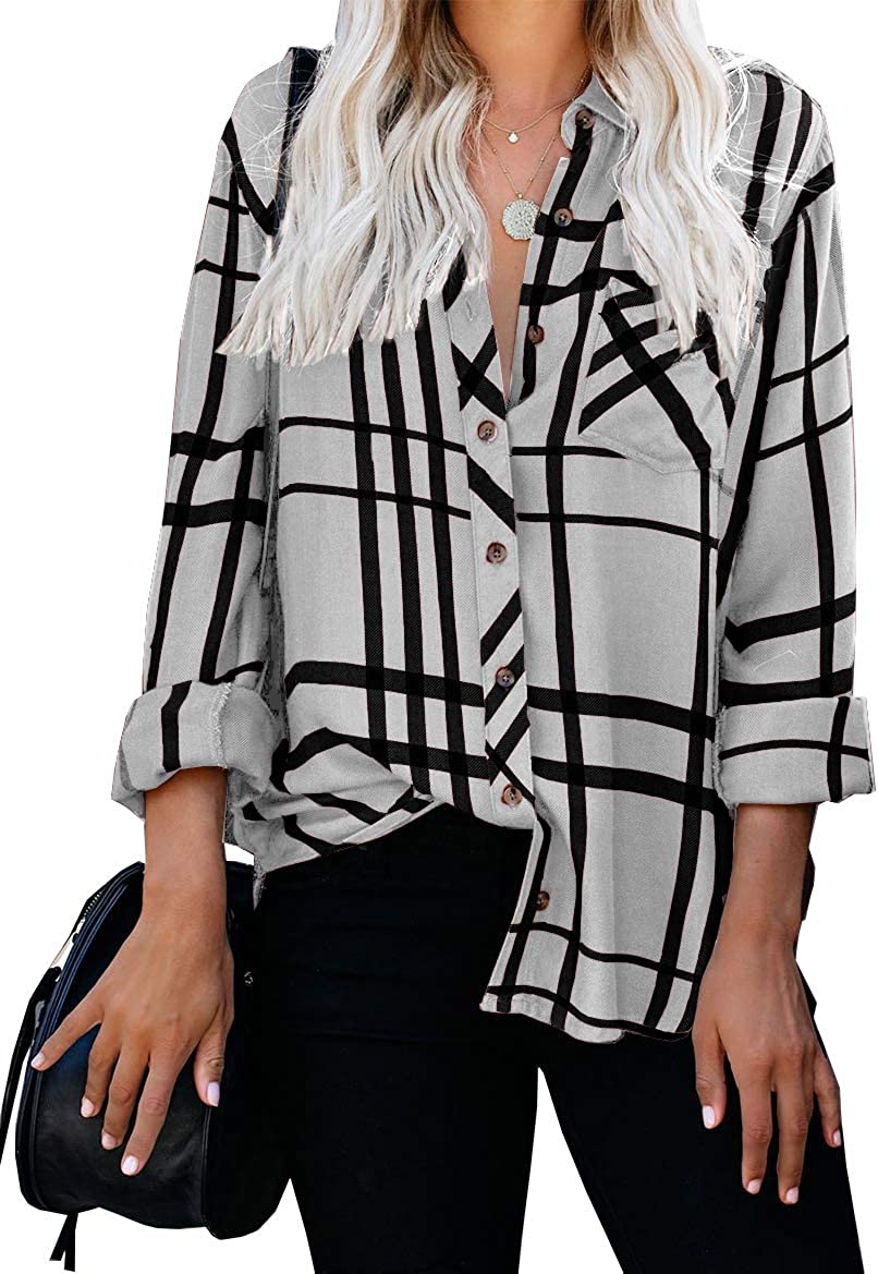 Wholesale Women's Long Sleeve V-Neck Stripes Casual Blouses Pocket Button Down Shirt Tops