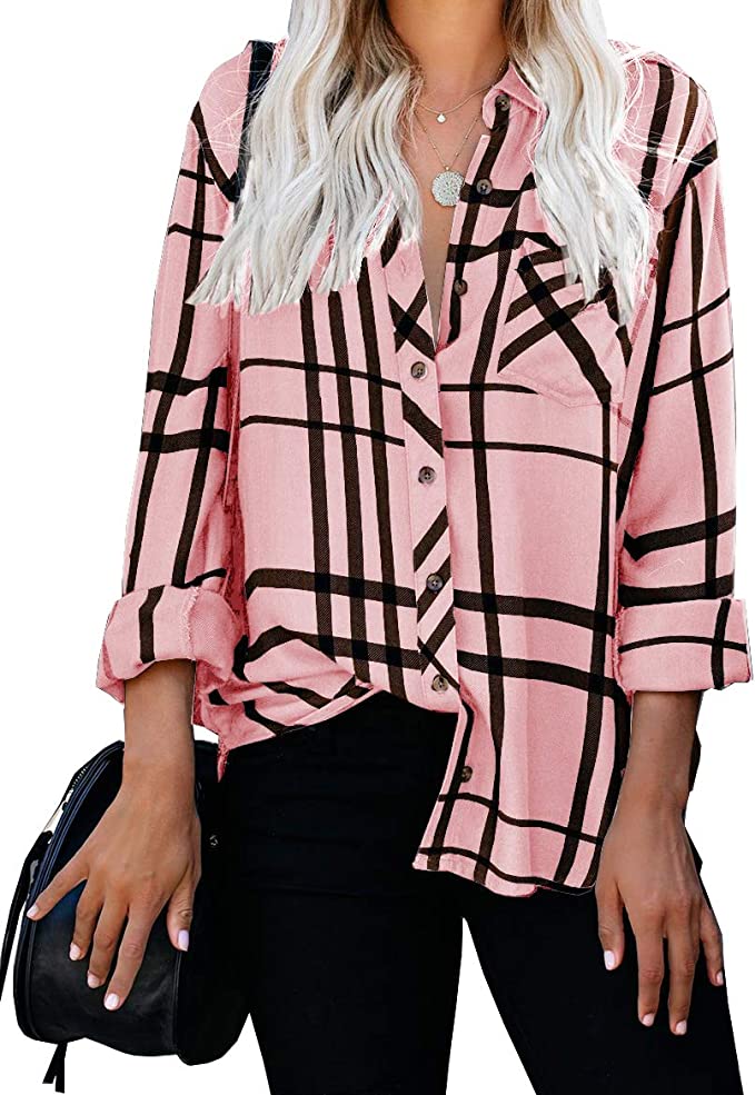 Wholesale Women's Long Sleeve V-Neck Stripes Casual Blouses Pocket Button Down Shirt Tops