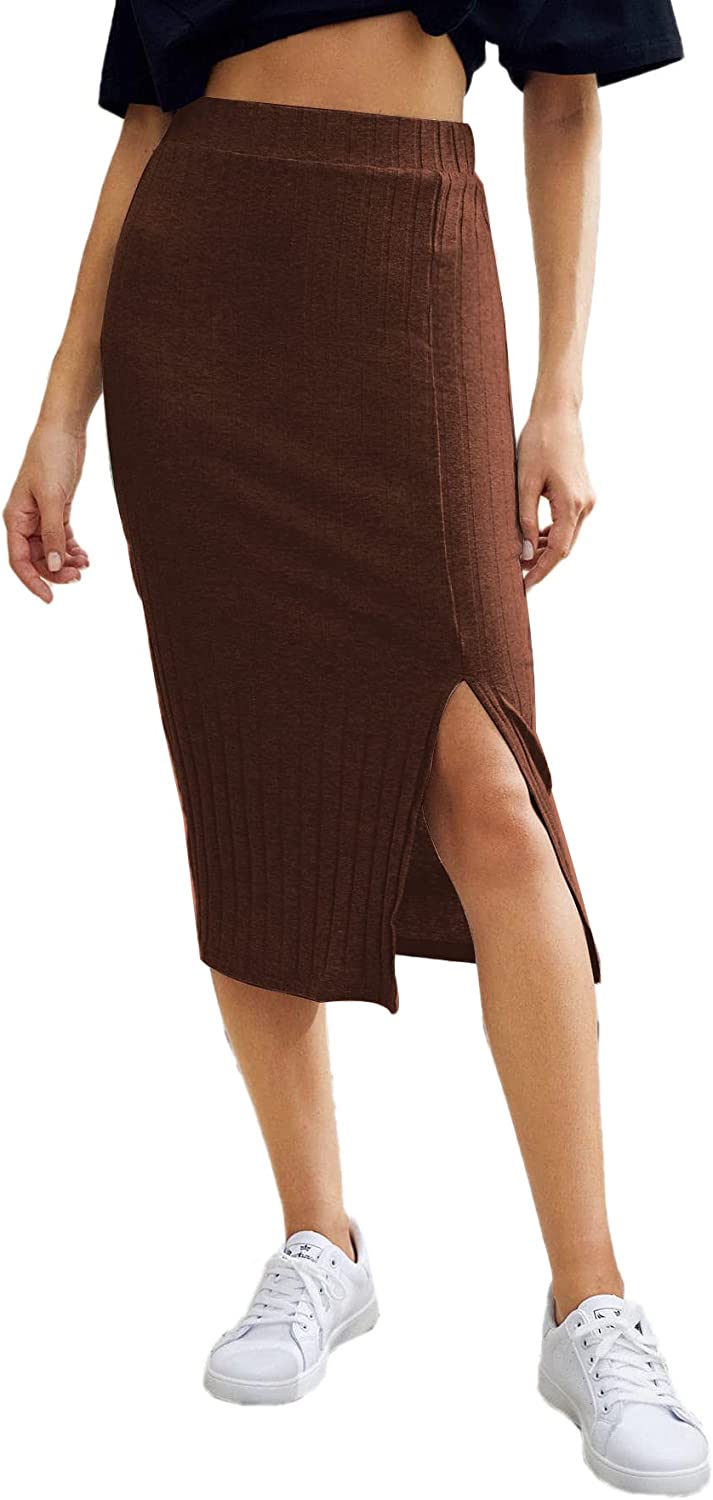 Wholesale Women's Basic Plain Ribbed Knit Split Stretchy Pencil Bodycon Midi Skirt