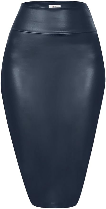 Women's Leather Pencil Skirt Below Knee Length Skirt Midi Bodycon Skirt - Black