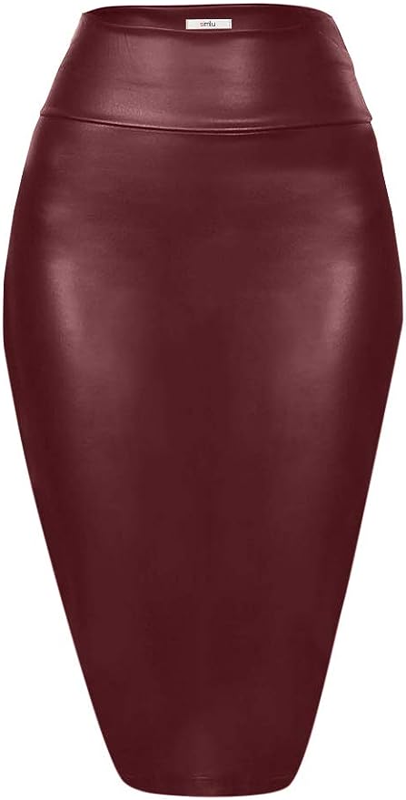 Women's Leather Pencil Skirt Below Knee Length Skirt Midi Bodycon Skirt - Black