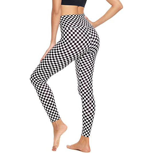 Wholesale High Waisted Black White Checkboard Leggings Soft Slim Tummy Control Printed Pants
