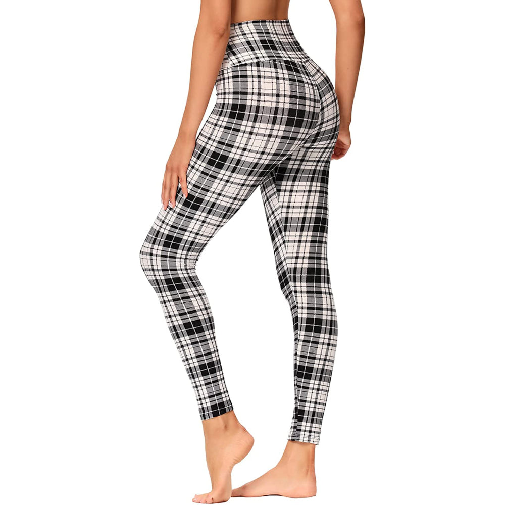 Wholesale High Waisted Black White Plaid Leggings Soft Slim Tummy Control Printed Pants