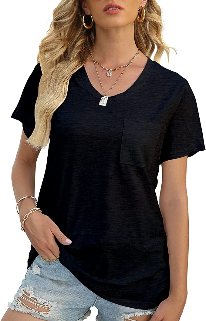 Wholesale Women's Flowy Tshirt Rounded U Neck Summer T Shirt Short Sleeve Pocket Loose Top