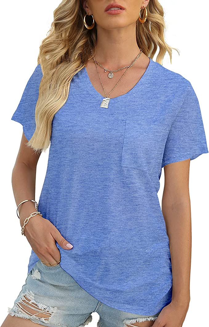Wholesale Women's Flowy Tshirt Rounded U Neck Summer T Shirt Short Sleeve Pocket Loose Top